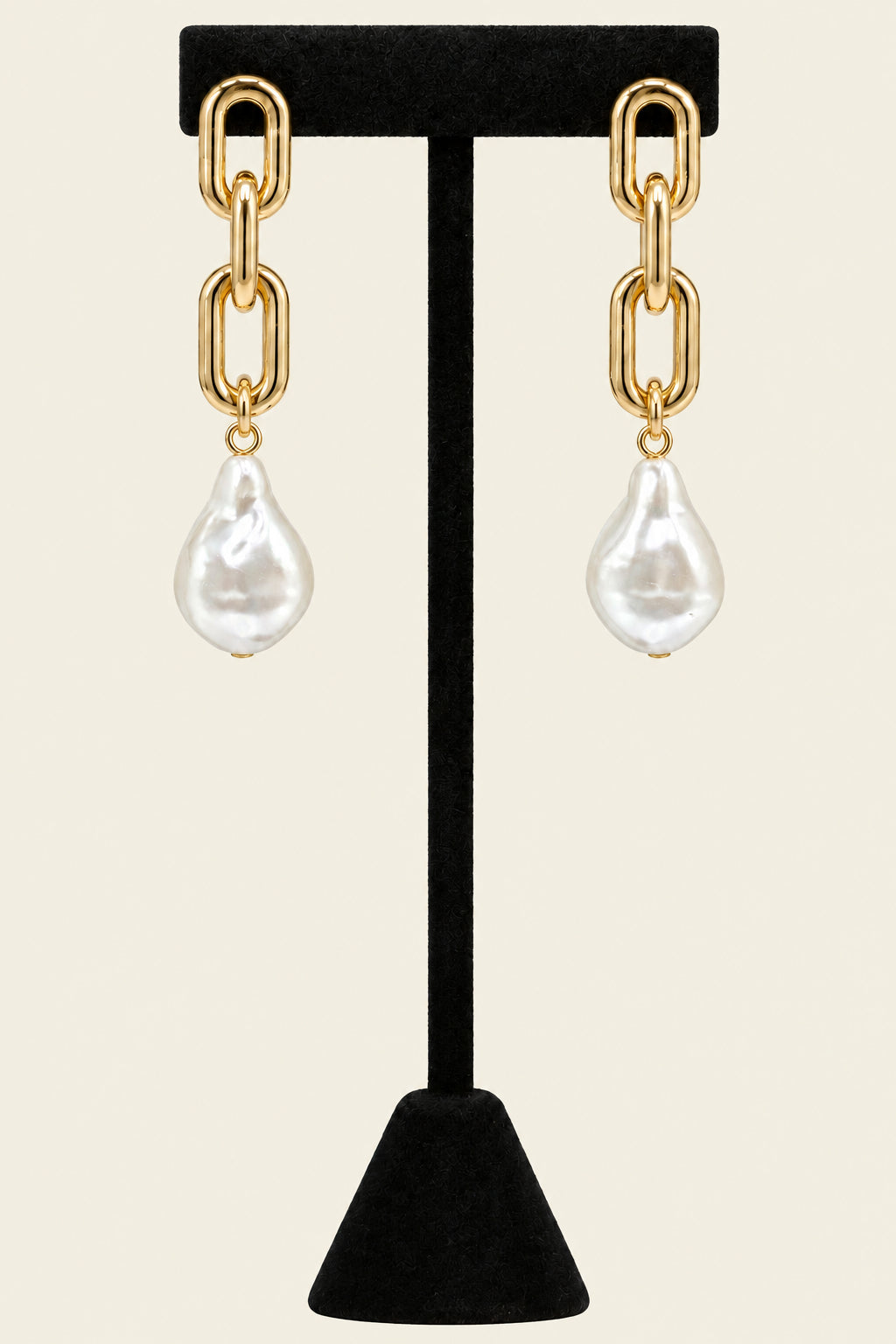 Gold tone with imitation pearl with oval link linear drop earring