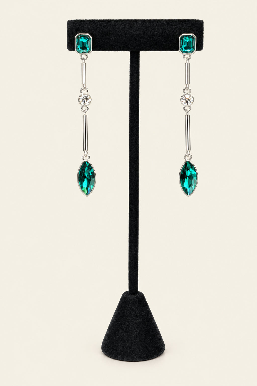 Silver Tone Crystal, green stone and tubular bead and linear drop earrings