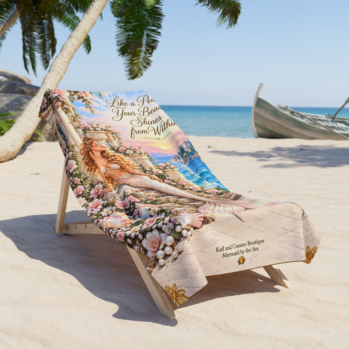 Mermaid Beach Towel — "Like a Pearl Your Beauty Shines from Within" Floral Seaside Towel