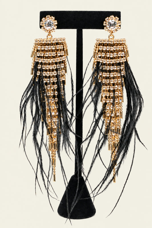 Gold tone rhinestone earrings with black feathers