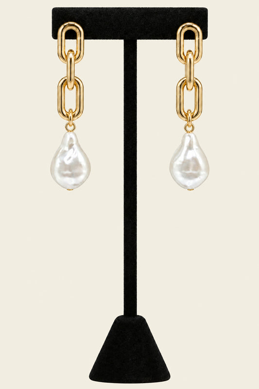 Gold tone with imitation pearl with oval link linear drop earring