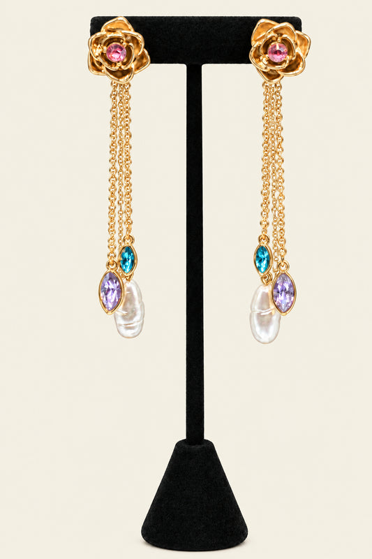 Gold tone pink stone/crystal flower dangling chain with green, blue and pearl stone