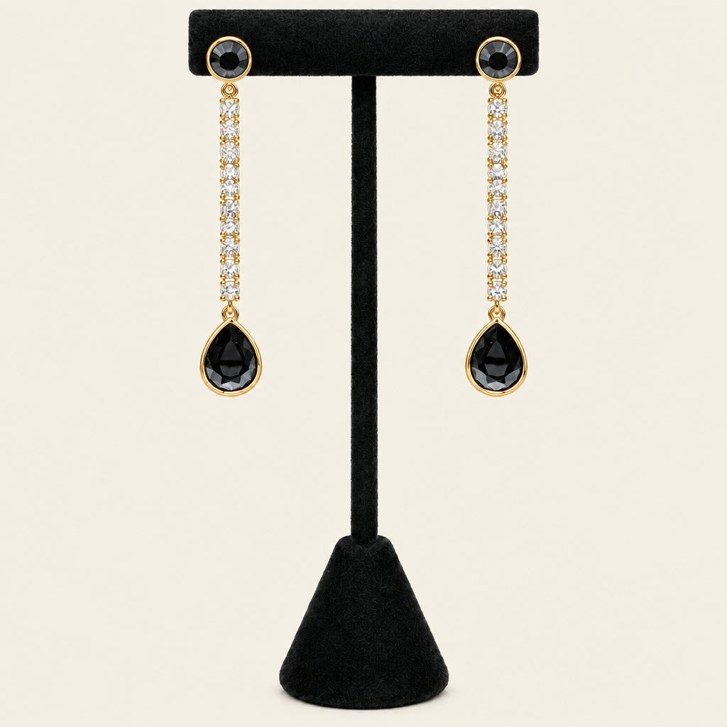 Gold tone black stone  with crystal linear drop earrings