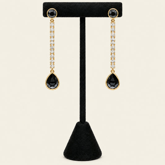 Gold tone black stone  with crystal linear drop earrings