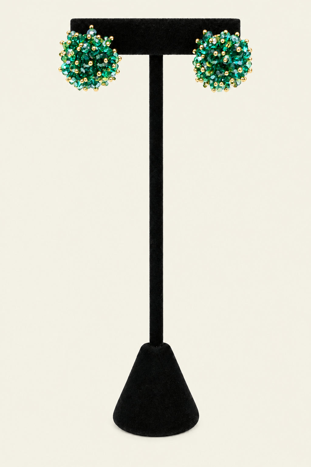 Gold tone shaky green bead cluster studs