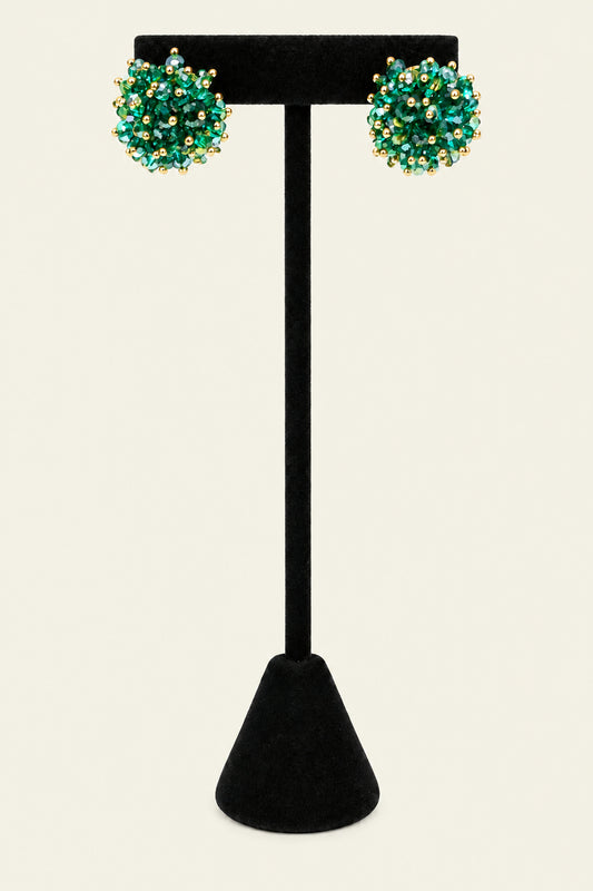 Gold tone shaky green bead cluster studs