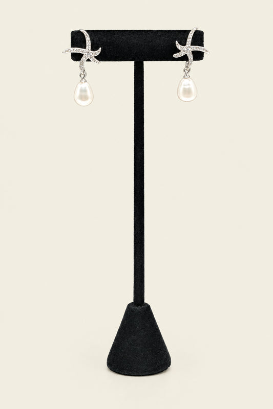 Silver tone starfish and pearl earrings