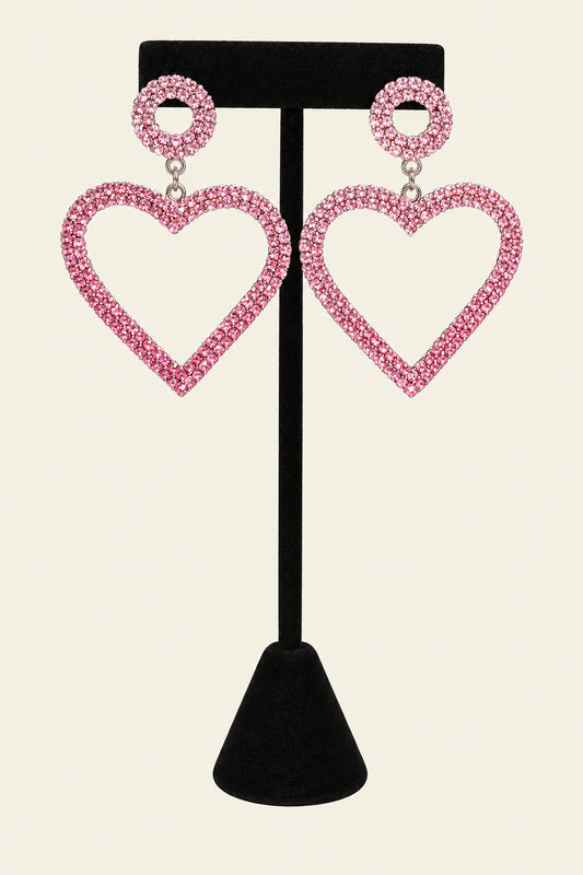 Silver Tone Ombre Pink Crystal Heart Drop Earrings