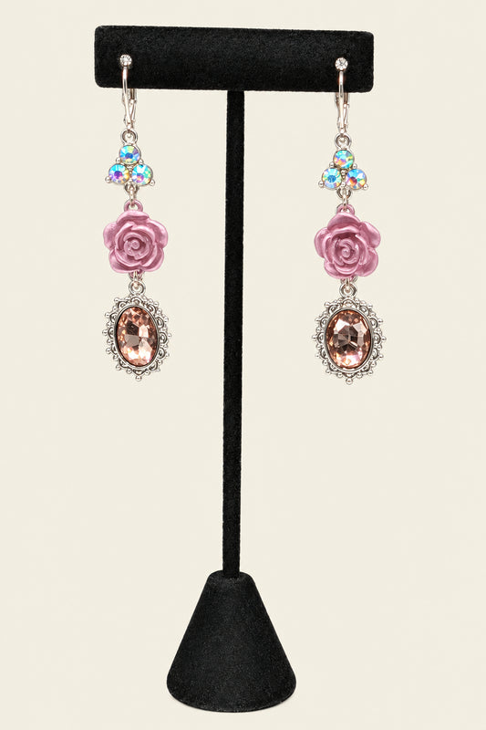 Silver Tone Crystal and Rose Triple Drop Earrings