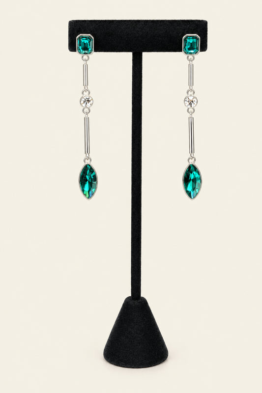 Silver Tone Crystal, green stone and tubular bead and linear drop earrings