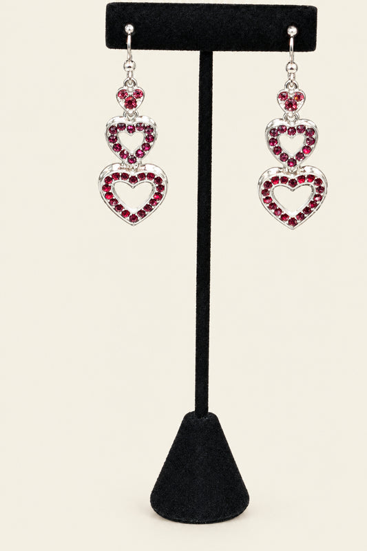 Silver Tone Pave Heart Triple Drop Earrings