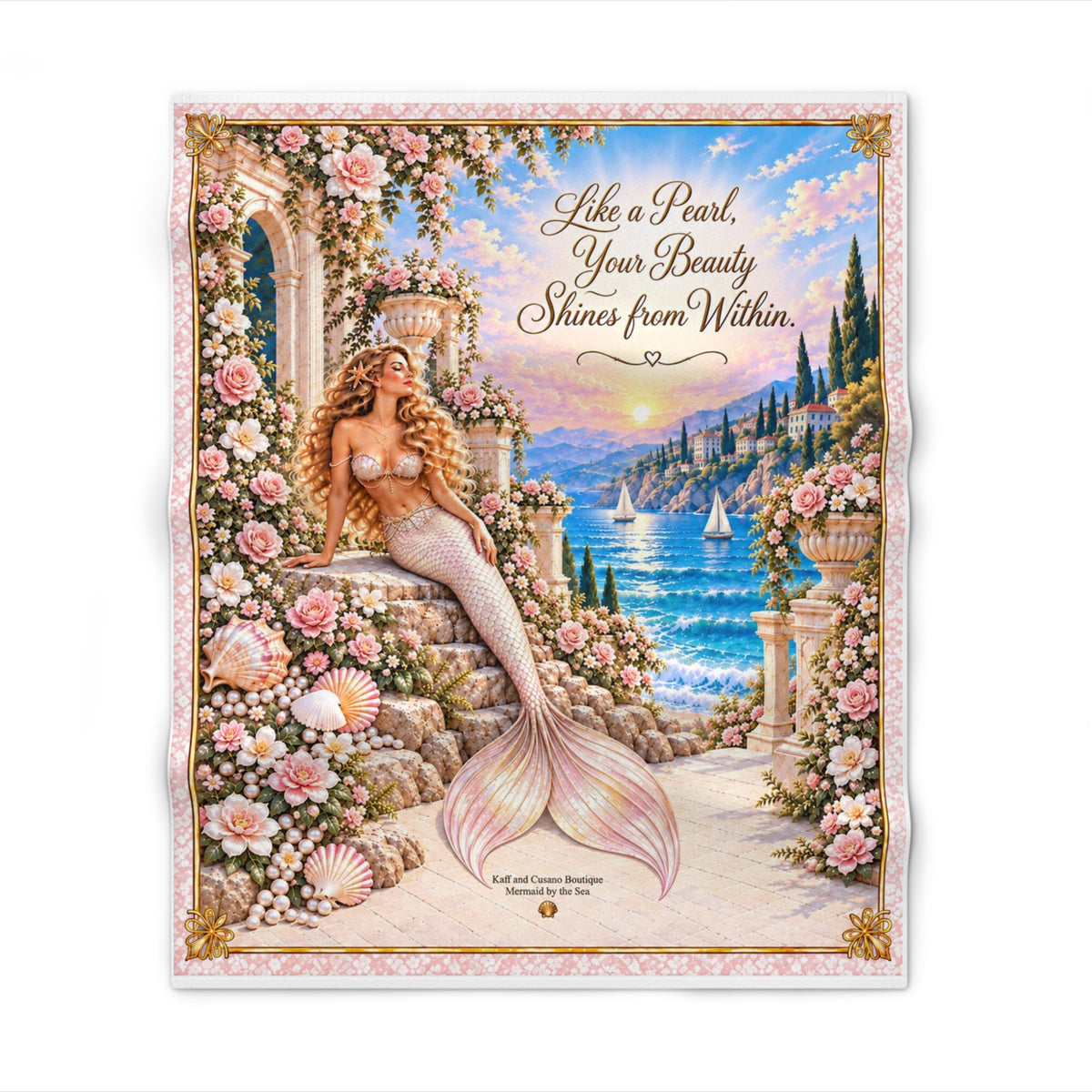Mermaid Coastal Throw Blanket - "Like a Pearl, Your Beauty Shines from Within" Decorative Plush Blanket