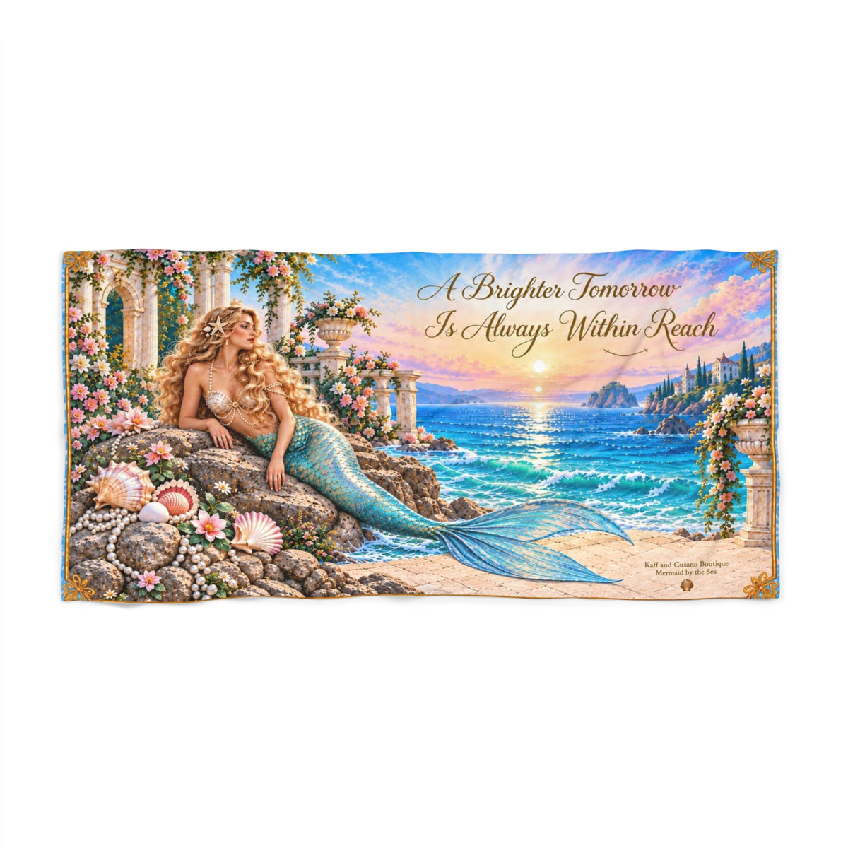 Mermaid Beach Towel — "A Brighter Tomorrow Is Always Within Reach" Sunset Seascape