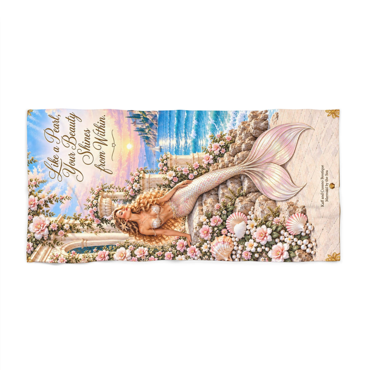 Mermaid Beach Towel — "Like a Pearl Your Beauty Shines from Within" Floral Seaside Towel