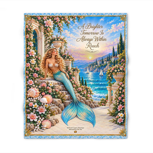Mermaid Coastal Throw Blanket – “A Brighter Tomorrow Is Always Within Reach” Decorative Beach Cottage Blanket