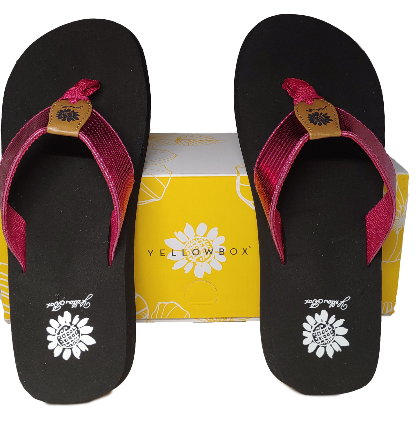 Yellow Box Fuscia Flip Flops