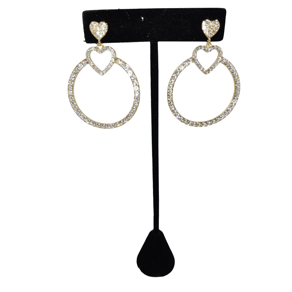 Gold-Tone Crystal Heart Front And Facing Drop Hoops Earrings