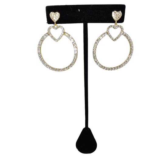 Gold-Tone Crystal Heart Front And Facing Drop Hoops Earrings