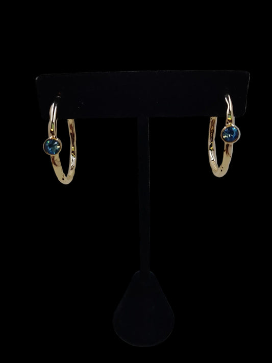 Gold Tone With Blue Stone Hoop Earrings